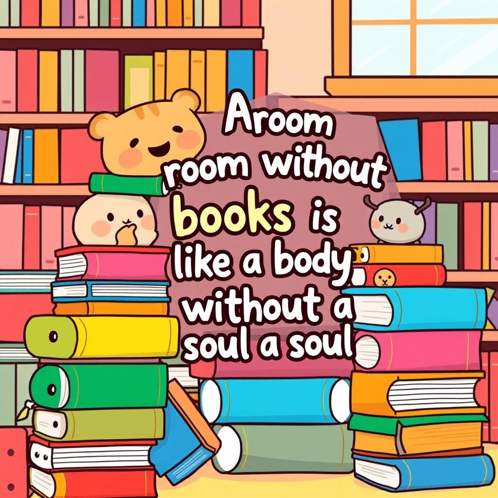 A playful and whimsical illustration featuring cute, cartoonish characters, including a cheerful animal (like a cat or a bear) surrounded by stacks of colorful books