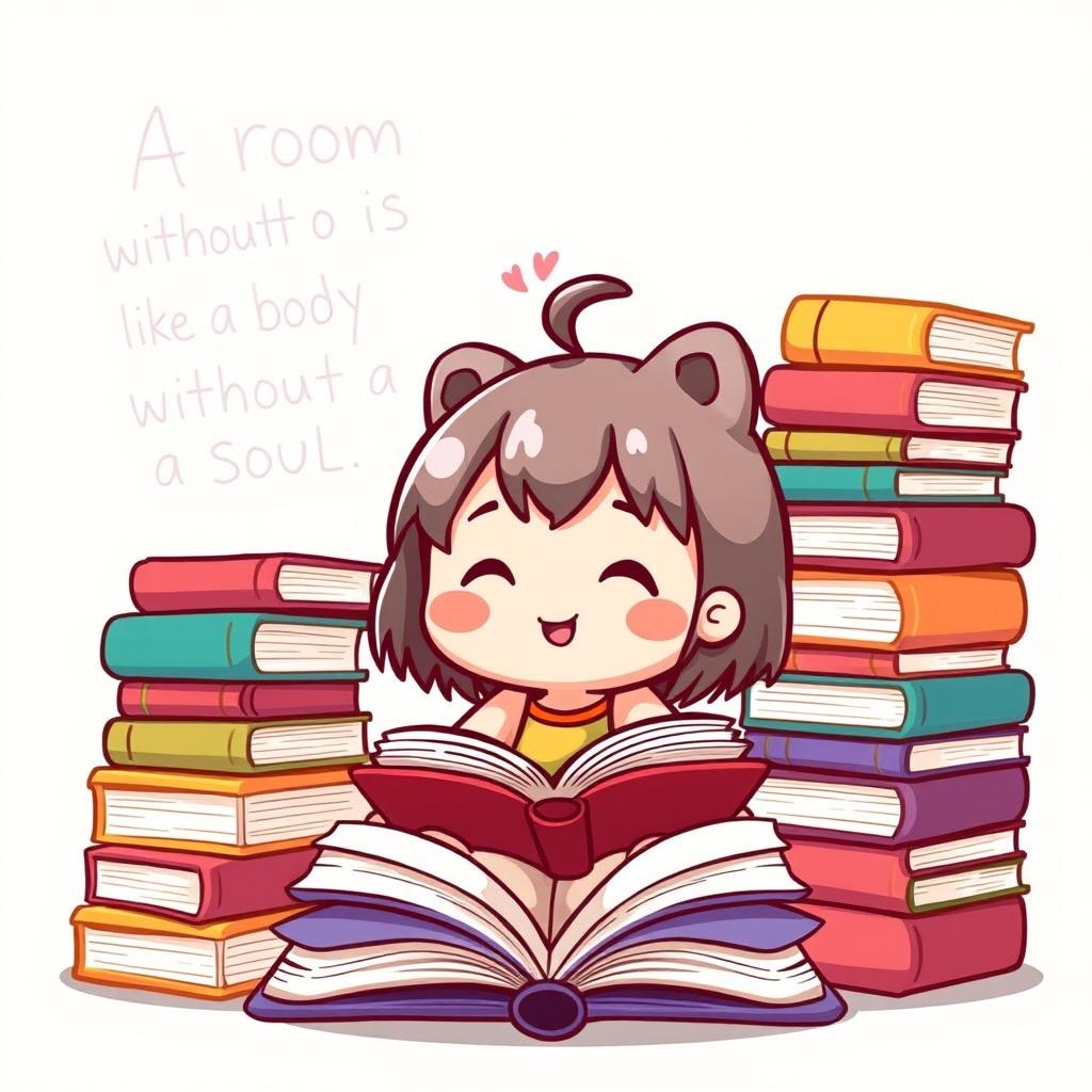 An adorable chibi-style illustration featuring a cute character, perhaps a small girl or a cheerful animal-like creature, surrounded by an array of colorful books stacked high and open around them