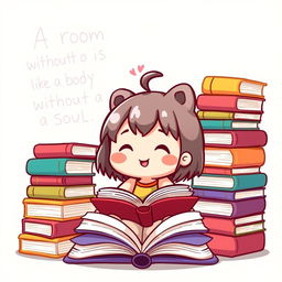 An adorable chibi-style illustration featuring a cute character, perhaps a small girl or a cheerful animal-like creature, surrounded by an array of colorful books stacked high and open around them