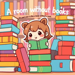 An adorable chibi-style illustration featuring a cute character, perhaps a small girl or a cheerful animal-like creature, surrounded by an array of colorful books stacked high and open around them