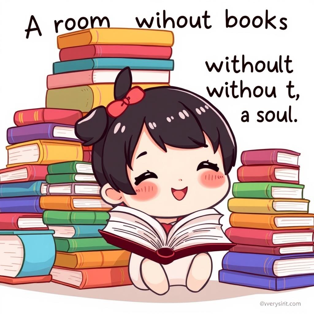 An adorable chibi-style illustration featuring a cute character, perhaps a small girl or a cheerful animal-like creature, surrounded by an array of colorful books stacked high and open around them