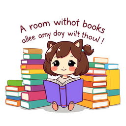 An adorable chibi-style illustration featuring a cute character, perhaps a small girl or a cheerful animal-like creature, surrounded by an array of colorful books stacked high and open around them