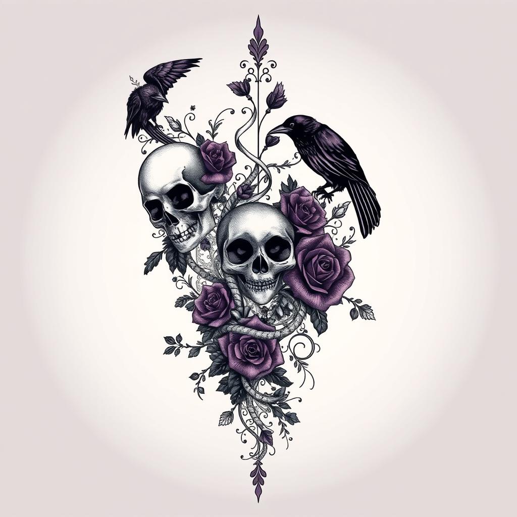 A full arm tattoo design in a gothic style, featuring intricate patterns, dark motifs like skulls, roses, and ravens, intertwined with vines and lace elements