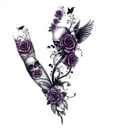 A full arm tattoo design in a gothic style, featuring intricate patterns, dark motifs like skulls, roses, and ravens, intertwined with vines and lace elements