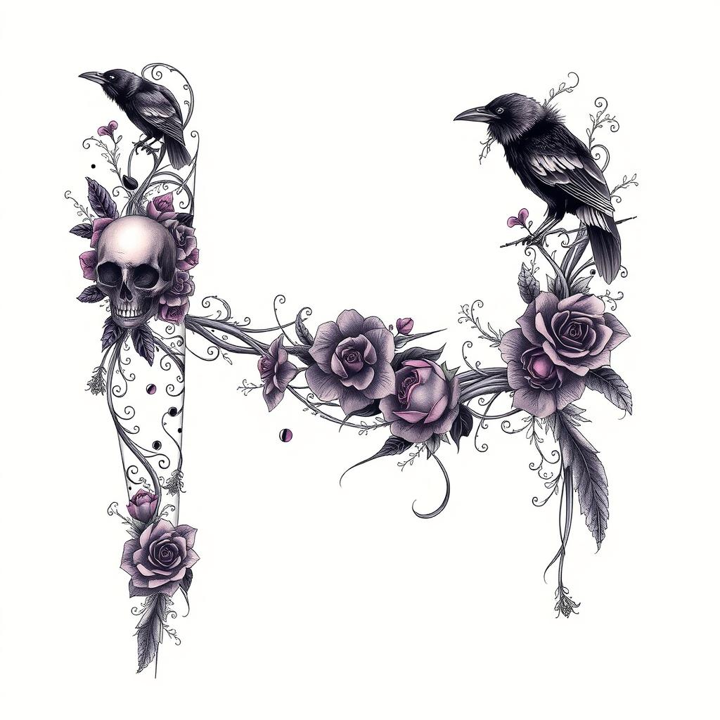 A full arm tattoo design in a gothic style, featuring intricate patterns, dark motifs like skulls, roses, and ravens, intertwined with vines and lace elements