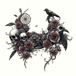 A full arm tattoo design in a gothic style, featuring a complex array of dark motifs including skulls, spider webs, withered roses, and crows, all intricately intertwined with swirling vines and lace patterns