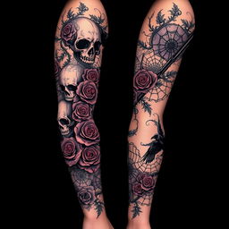 A full arm tattoo design in a gothic style, featuring a complex array of dark motifs including skulls, spider webs, withered roses, and crows, all intricately intertwined with swirling vines and lace patterns