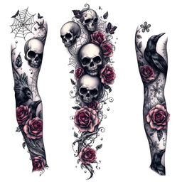 A full arm tattoo design in a gothic style, featuring a complex array of dark motifs including skulls, spider webs, withered roses, and crows, all intricately intertwined with swirling vines and lace patterns