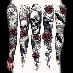 A full arm tattoo design in a gothic style, featuring a complex array of dark motifs including skulls, spider webs, withered roses, and crows, all intricately intertwined with swirling vines and lace patterns