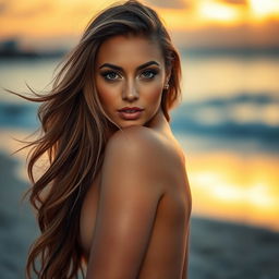 A sexy, attractive woman with long flowing hair, striking features, and sensual expression