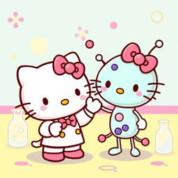 Una dulce imagen de Hello Kitty, diseñada en su icónico estilo adorable, saludando amistosamente a una enzima personificada