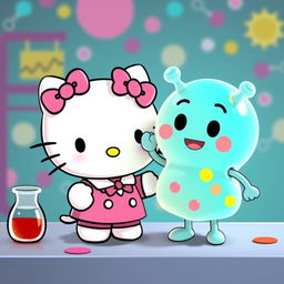 Una dulce imagen de Hello Kitty, diseñada en su icónico estilo adorable, saludando amistosamente a una enzima personificada