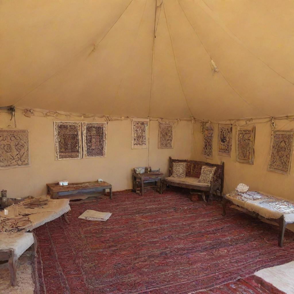 A large Arab tent transformed into a nomadic heritage exhibition. The interior displays ancient artifacts, photographs, and educational materials accentuating Bedouin people's history, traditions, and lifestyle.