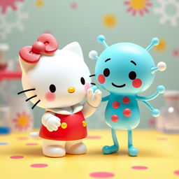 Una dulce imagen de Hello Kitty, diseñada en su icónico estilo adorable, saludando amistosamente a una enzima personificada