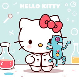 Una dulce imagen de Hello Kitty, diseñada en su icónico estilo adorable, saludando amistosamente a una enzima personificada