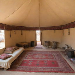 A large Arab tent transformed into a nomadic heritage exhibition. The interior displays ancient artifacts, photographs, and educational materials accentuating Bedouin people's history, traditions, and lifestyle.