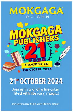 A vibrant and colorful poster announcing the grand opening of MOKGAGA PUBLISHERS on 21st October 2024