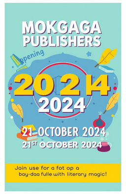 A vibrant and colorful poster announcing the grand opening of MOKGAGA PUBLISHERS on 21st October 2024