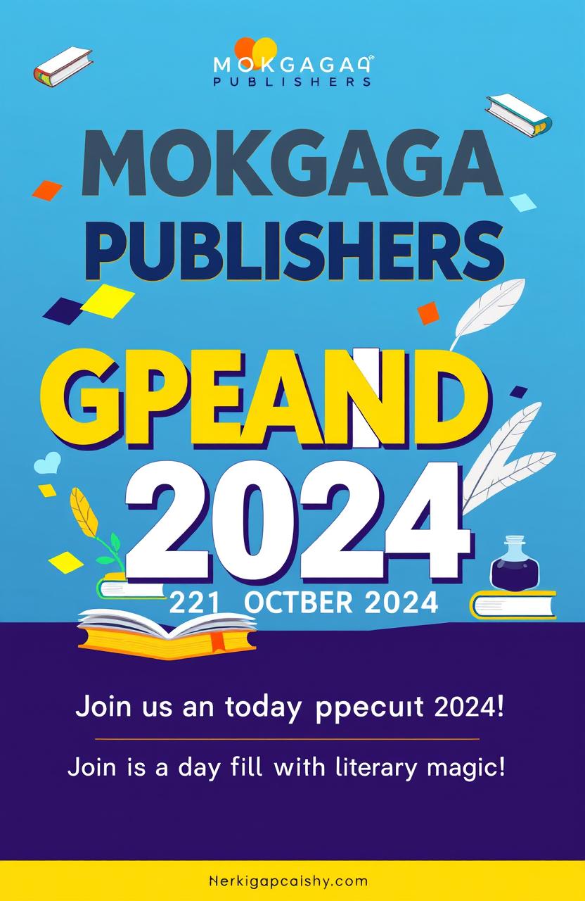 A vibrant and colorful poster announcing the grand opening of MOKGAGA PUBLISHERS on 21st October 2024