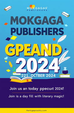 A vibrant and colorful poster announcing the grand opening of MOKGAGA PUBLISHERS on 21st October 2024