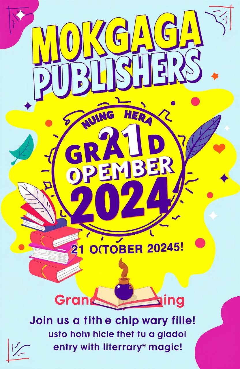 A vibrant and colorful poster announcing the grand opening of MOKGAGA PUBLISHERS on 21st October 2024