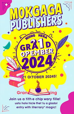 A vibrant and colorful poster announcing the grand opening of MOKGAGA PUBLISHERS on 21st October 2024