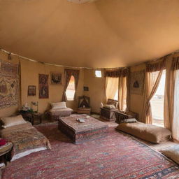 A large Arab tent transformed into a nomadic heritage exhibition. The interior displays ancient artifacts, photographs, and educational materials accentuating Bedouin people's history, traditions, and lifestyle.