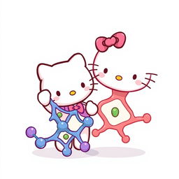 Una adorable imagen de Hello Kitty, en su icónico estilo tierno, saludando con una gran sonrisa a una estructura de enzima representada de manera artística y amigable