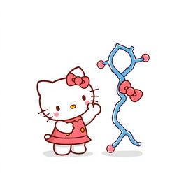 Una adorable imagen de Hello Kitty, en su icónico estilo tierno, saludando con una gran sonrisa a una estructura de enzima representada de manera artística y amigable