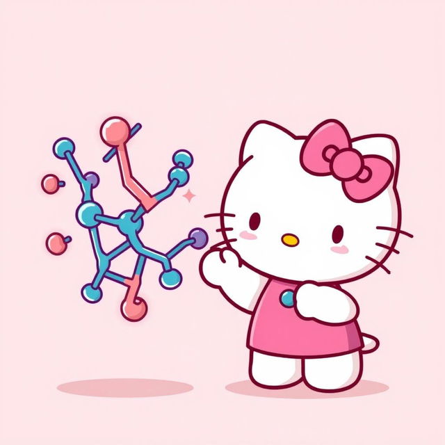 Una adorable imagen de Hello Kitty, en su icónico estilo tierno, saludando con una gran sonrisa a una estructura de enzima representada de manera artística y amigable