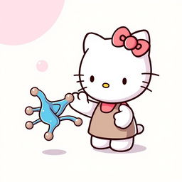 Una adorable imagen de Hello Kitty, en su icónico estilo tierno, saludando con una gran sonrisa a una estructura de enzima representada de manera artística y amigable