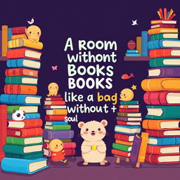 A vibrant and whimsical illustration featuring cute, cartoonish characters, including a cheerful animal (like a cat or a bear) surrounded by towers of colorful books