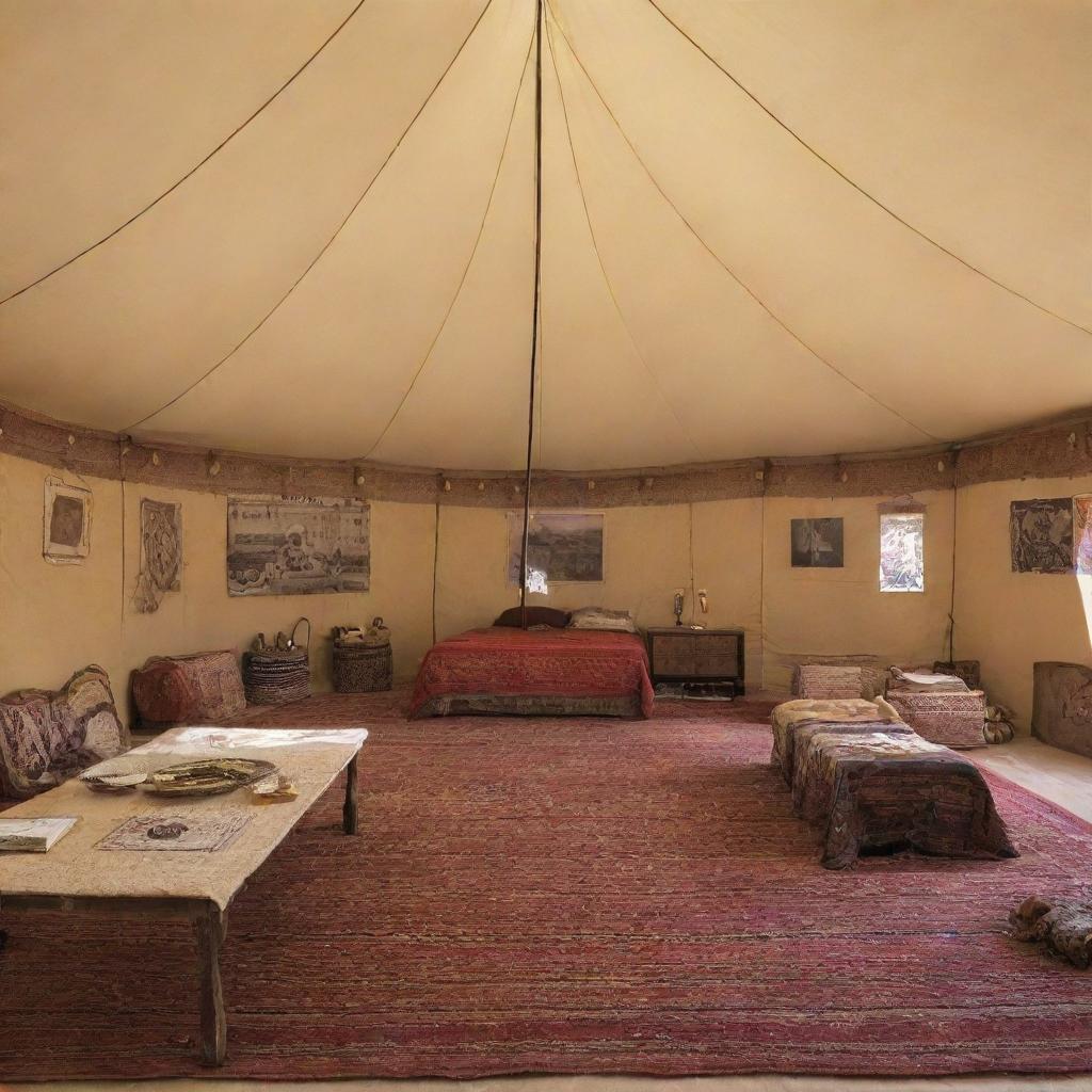 A large Arab tent transformed into a nomadic heritage exhibition. The interior displays ancient artifacts, photographs, and educational materials accentuating Bedouin people's history, traditions, and lifestyle.