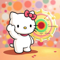 Una encantadora imagen de Hello Kitty, ilustrada en su característico estilo tierno y amigable, saludando con una gran sonrisa a la estructura de una célula, representada de manera divertida y colorida