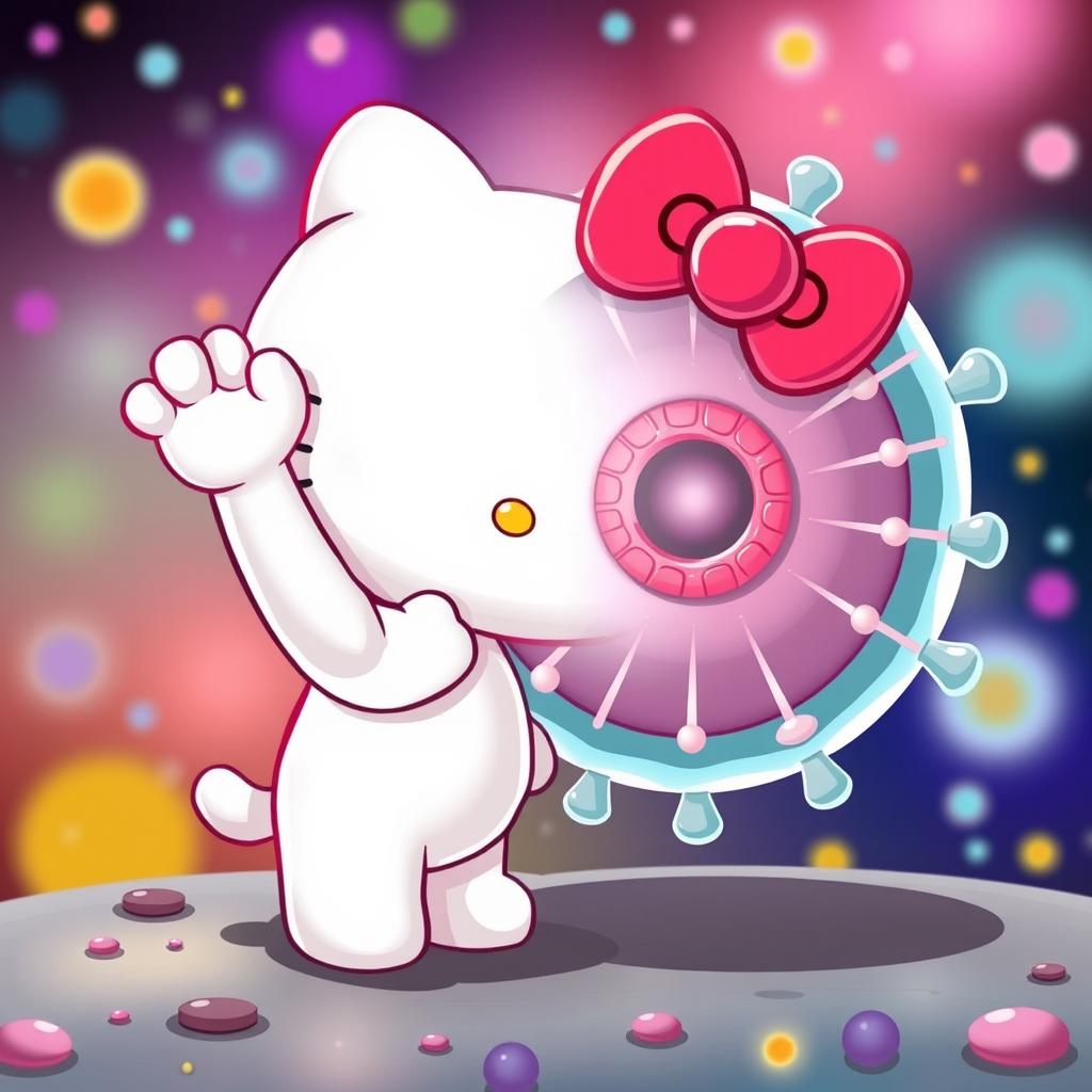 Una encantadora imagen de Hello Kitty, ilustrada en su característico estilo tierno y amigable, saludando con una gran sonrisa a la estructura de una célula, representada de manera divertida y colorida