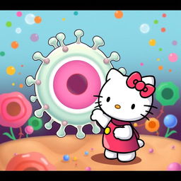 Una encantadora imagen de Hello Kitty, ilustrada en su característico estilo tierno y amigable, saludando con una gran sonrisa a la estructura de una célula, representada de manera divertida y colorida