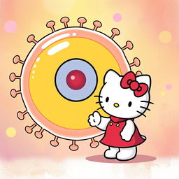 Una encantadora imagen de Hello Kitty, ilustrada en su característico estilo tierno y amigable, saludando con una gran sonrisa a la estructura de una célula, representada de manera divertida y colorida