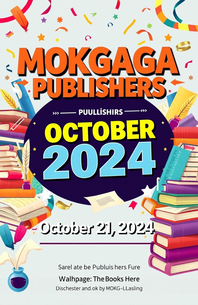 A vibrant and eye-catching poster announcing the grand opening of MOKGAGA PUBLISHERS on October 21, 2024