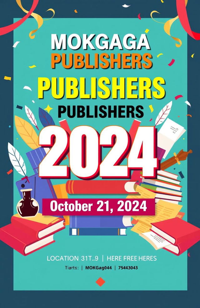 A vibrant and eye-catching poster announcing the grand opening of MOKGAGA PUBLISHERS on October 21, 2024