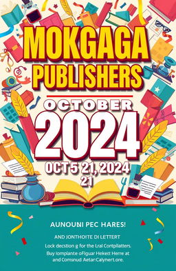 A vibrant and eye-catching poster announcing the grand opening of MOKGAGA PUBLISHERS on October 21, 2024