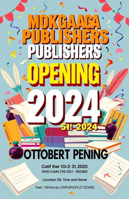 A vibrant and eye-catching poster announcing the grand opening of MOKGAGA PUBLISHERS on October 21, 2024