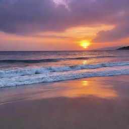 Visualize a tranquil sunset on a serene beach, the sky ablaze with vibrant hues of purple and orange reflected in the tranquil sea.