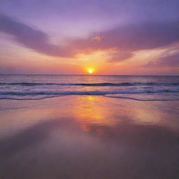 Visualize a tranquil sunset on a serene beach, the sky ablaze with vibrant hues of purple and orange reflected in the tranquil sea.