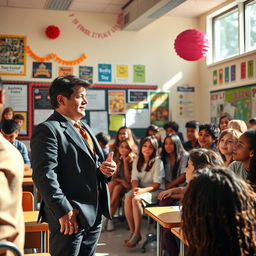 A charismatic student council president in a high school setting, confidently addressing a group of enthusiastic classmates in a classroom