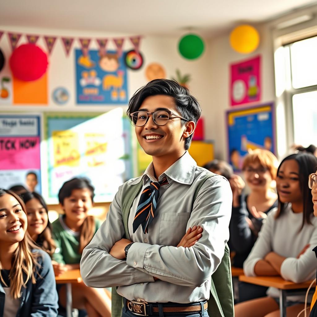 A charismatic student council president in a high school setting, confidently addressing a group of enthusiastic classmates in a classroom