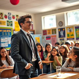 A charismatic student council president in a high school setting, confidently addressing a group of enthusiastic classmates in a classroom