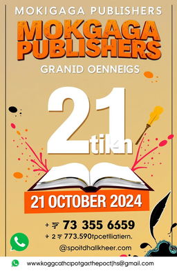 Design an eye-catching poster announcing the grand opening of MOKGAGA PUBLISHERS on 21 OCTOBER 2024