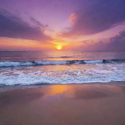 Visualize a tranquil sunset on a serene beach, the sky ablaze with vibrant hues of purple and orange reflected in the tranquil sea.