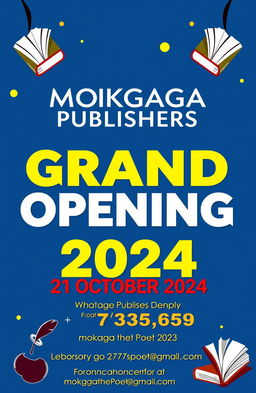 Design an eye-catching poster announcing the grand opening of MOKGAGA PUBLISHERS on 21 OCTOBER 2024