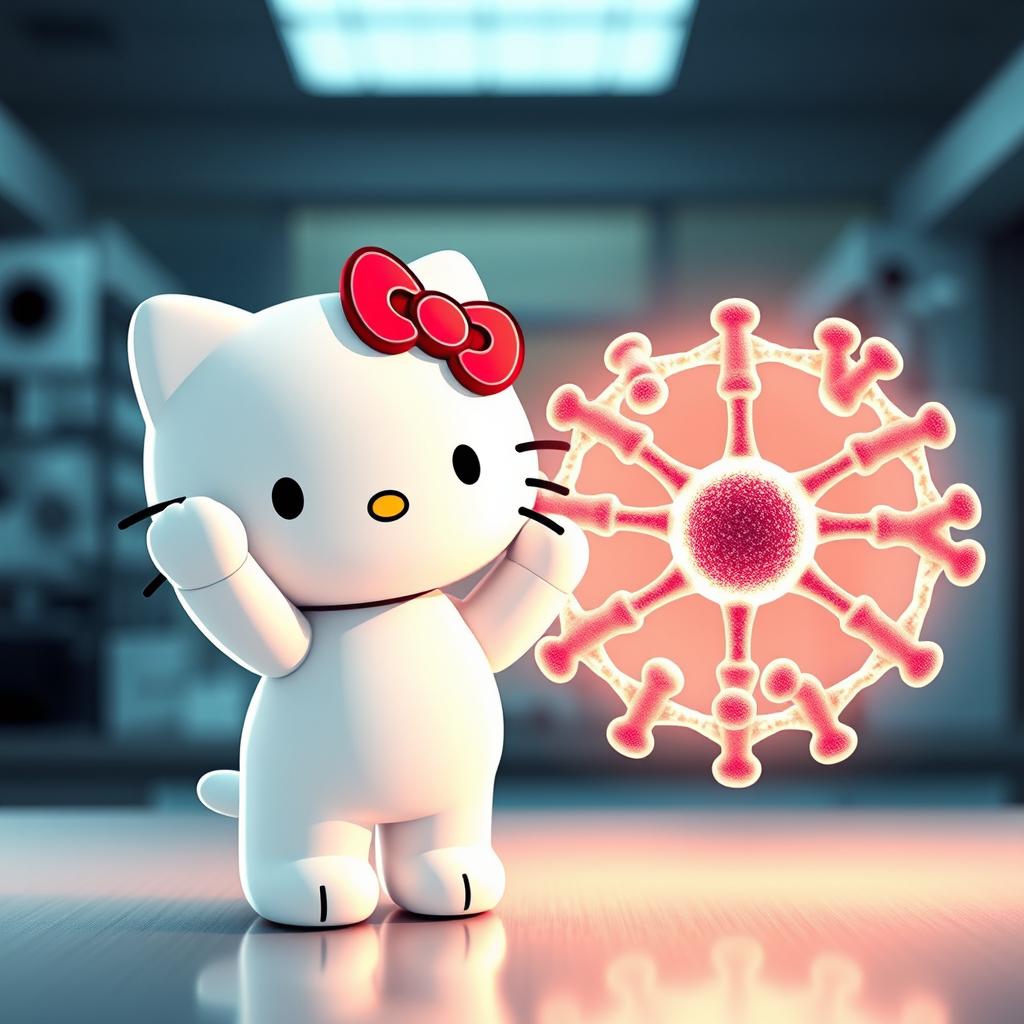 Una fascinante imagen de Hello Kitty, representada en su característico estilo tierno, saludando alegremente a una representación realista de una estructura de enzima, como la enzima lactasa o una hexocinasa